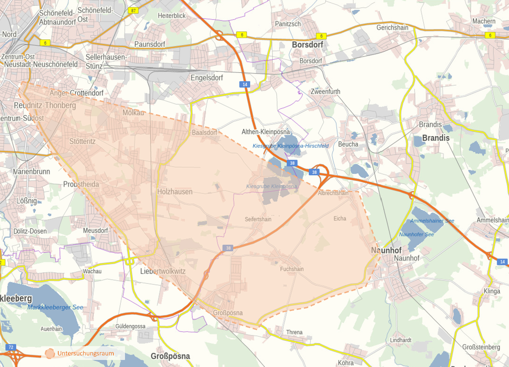 Karte mit Untersuchungsraum zwischen Leipzig und Naunhof